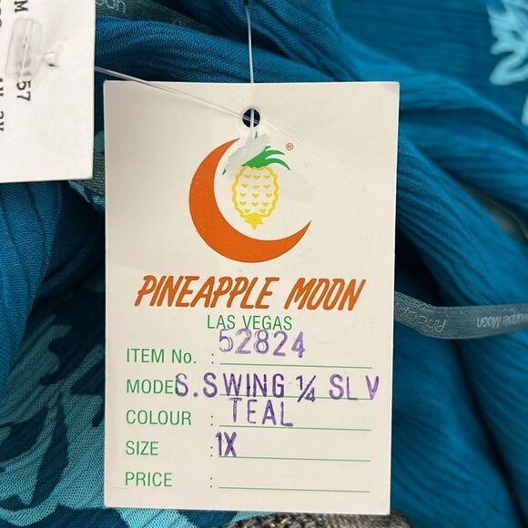 Pineapple Moon Floral Teal Midi Dress Sz 1X Scoop Neck Short Sleeve 💯% Rayon New - Picture 10 of 13